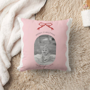 Modern Pink Scalloped Red Bow Christmas Photo  Cushion