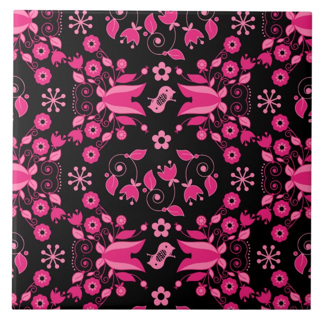Modern Pink Scandinavian Floral Pattern Ceramic Tile (Front)