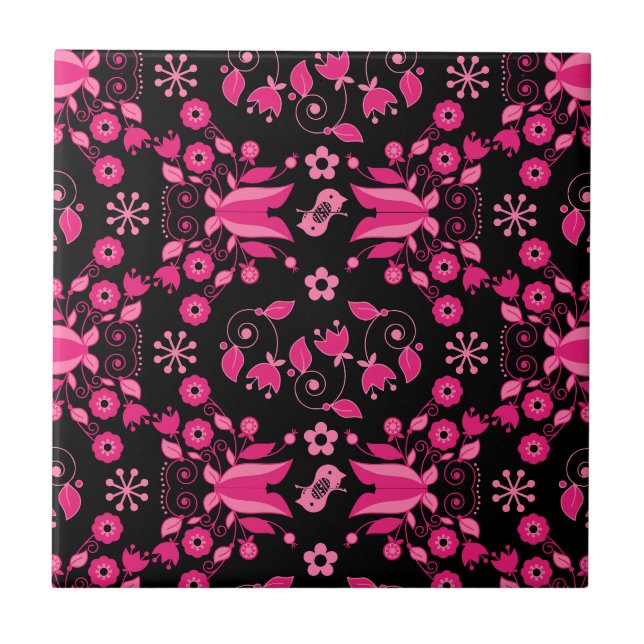 Modern Pink Scandinavian Floral Pattern Ceramic Tile (Front)