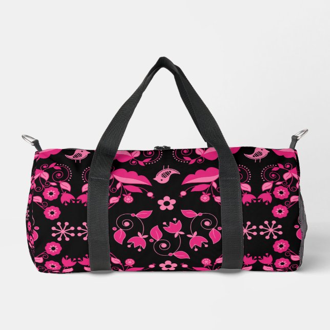 Modern Pink Scandinavian Floral Pattern Duffle Bag (Front)