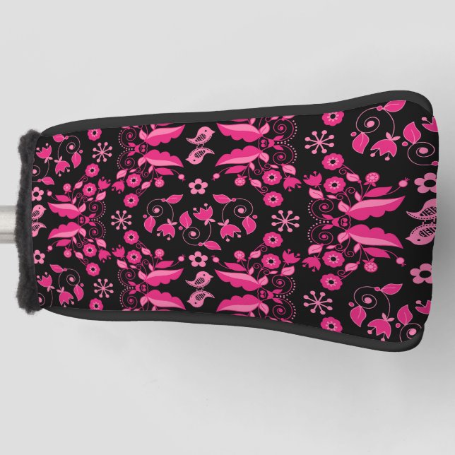 Modern Pink Scandinavian Floral Pattern Golf Head Cover (Front)