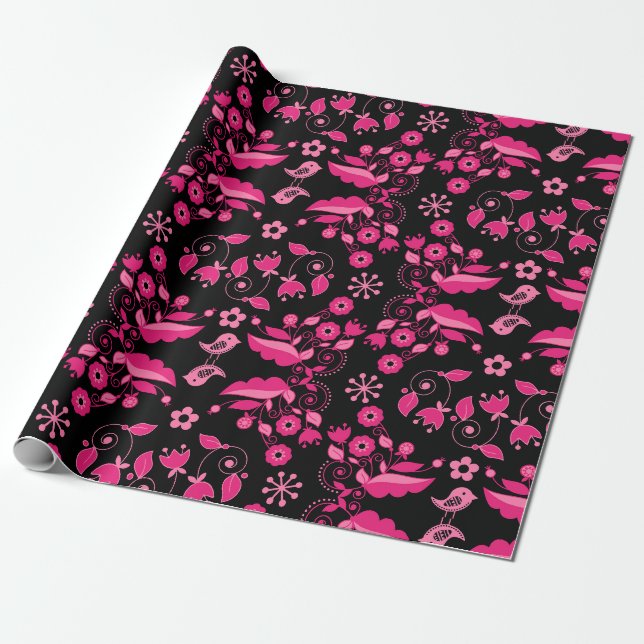 Modern Pink Scandinavian Floral Pattern Wrapping Paper (Unrolled)