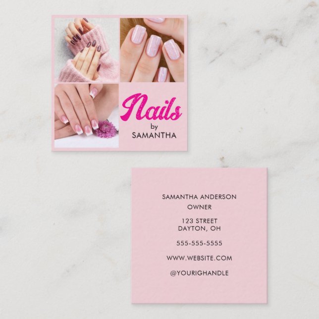 Modern Pink Script 3 Photo  Square Business Card (Front/Back)