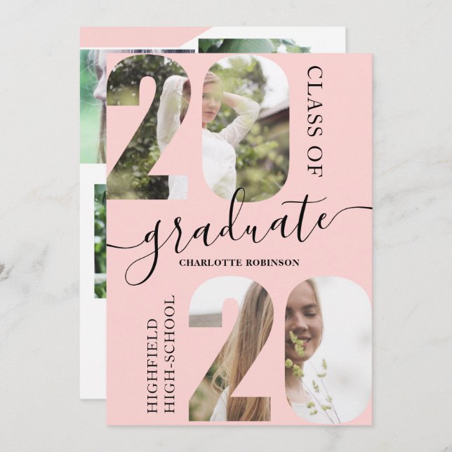 Modern pink script 5 photos 2020 graduation invitation (Front/Back)