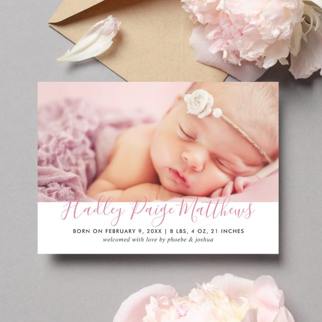 Modern Pink Script Baby Girl Photo Birth Announcement (Creator Uploaded)