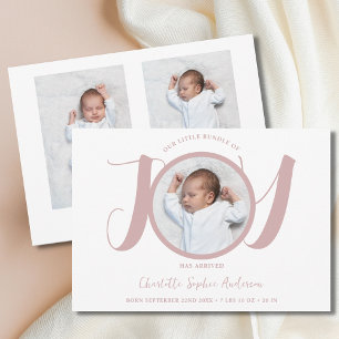 Modern Pink Script Baby Girl Three Photo Birth Announcement