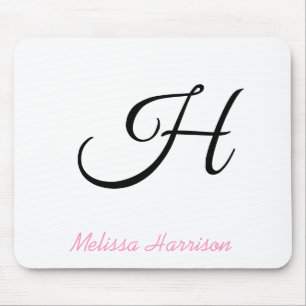 Modern Pink Script Black Initial Monogram Name Mouse Pad