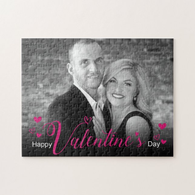 Modern Pink Script Chic Hearts Black White Photo Jigsaw Puzzle (Horizontal)
