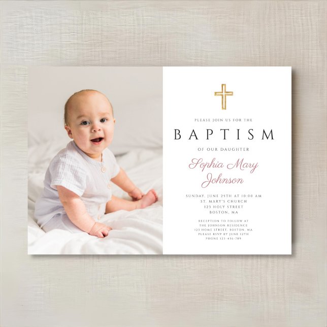 Modern Pink Script Cross Girl Photo Baptism Invitation (Modern Pink Script Cross Girl Photo Baptism Invitation)