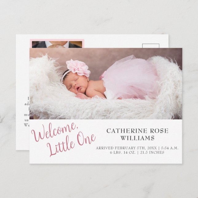Modern Pink Script Girl Baby Girl Birth  Announcement Postcard (Front/Back)