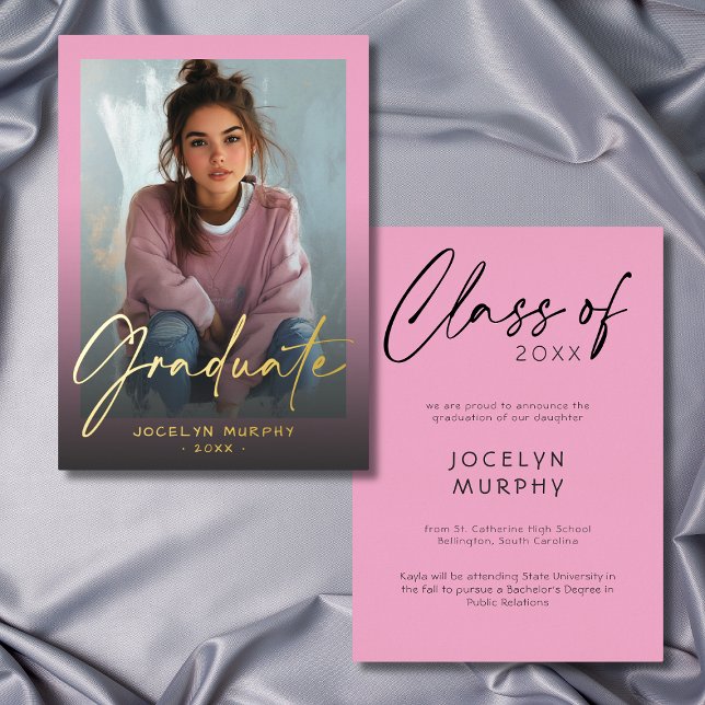 Modern Pink Script Graduation Photo Announcement (Modern Pink Script Graduation Photo Announcement)