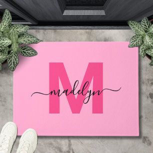 Modern Pink Script Initial Monogram Name Doormat