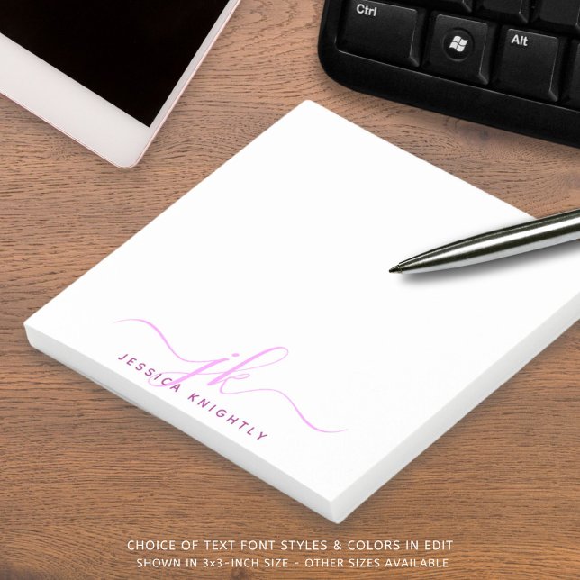 Modern Pink Script Monogram Initials Post-it Notes (Creator Uploaded)