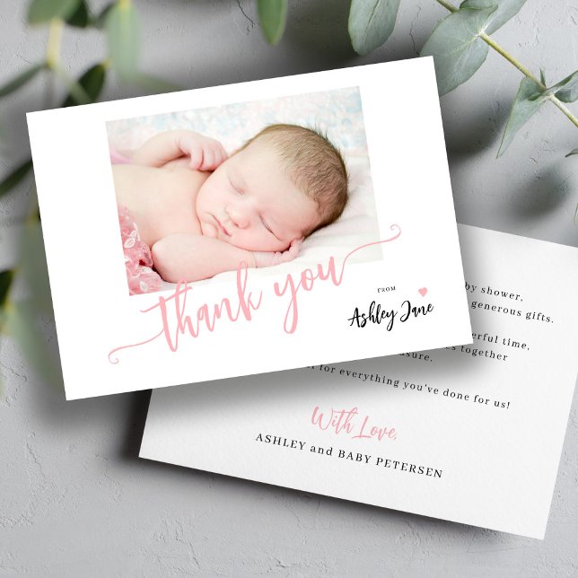 Modern pink script photo baby shower thank you (Creator Uploaded)