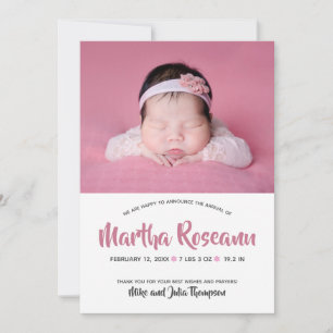 Modern Pink Script Photo Newborn Baby Girl Birth  Announcement
