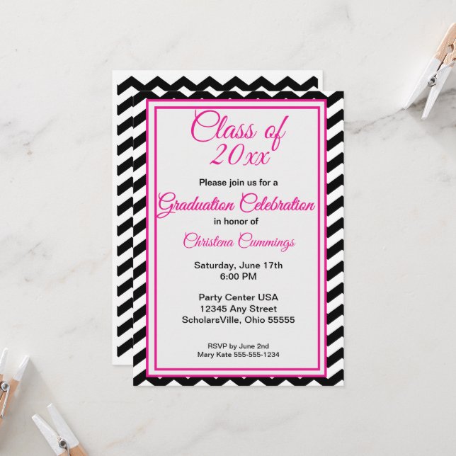 Modern Pink Script with Chevron Border Graduation Invitation (Front/Back In Situ)