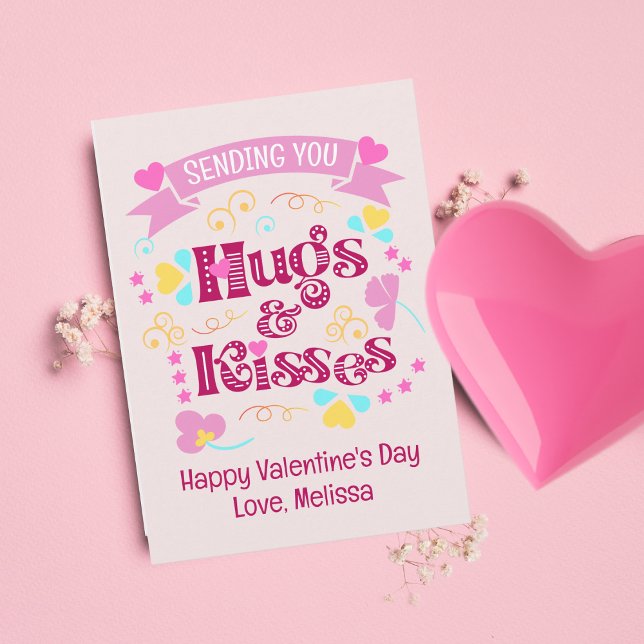 Modern Pink Sending You Hugs and Kisses Holiday Card (Creator Uploaded)