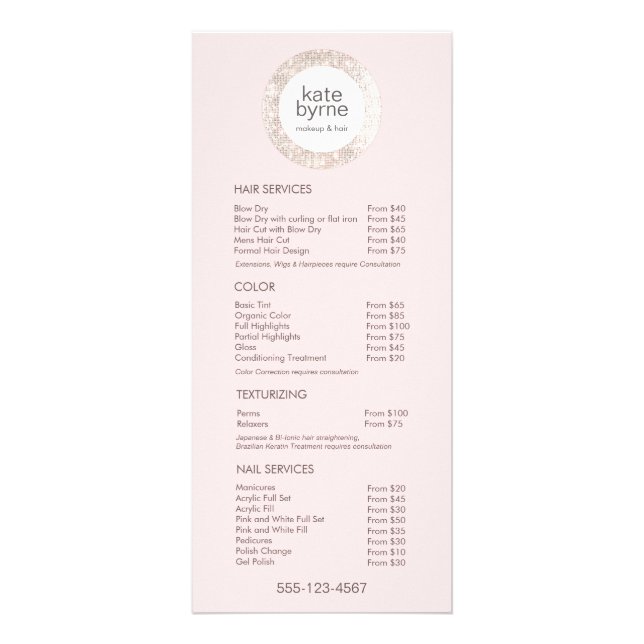 Modern Pink Sequin Salon Price List Service Menu (Front)