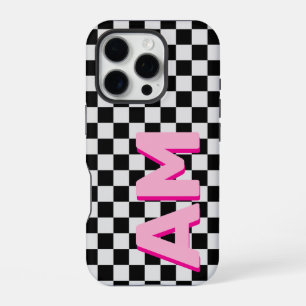 Modern Pink Shadow Monogram Chequerboard Initial iPhone 16 Pro Case