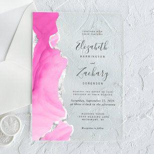 Modern Pink Silver Agate Wedding Acrylic Invitations