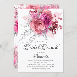 Modern Pink & Silver Floral Bridal Brunch Invitation