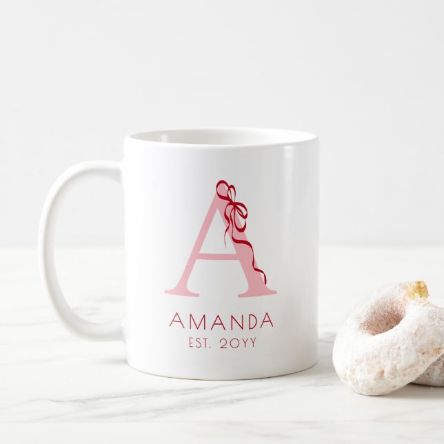 Modern Pink Simple Initial Chic Bow Girly Monogram Coffee Mug (With Donut)