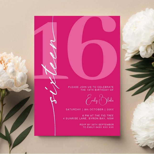 Modern Pink Sixteen 16th Birthday Party  Invitation (Creator Uploaded)