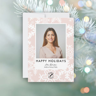 Modern Pink Snowflake Notary Happy Holidays Photo  Holiday Card