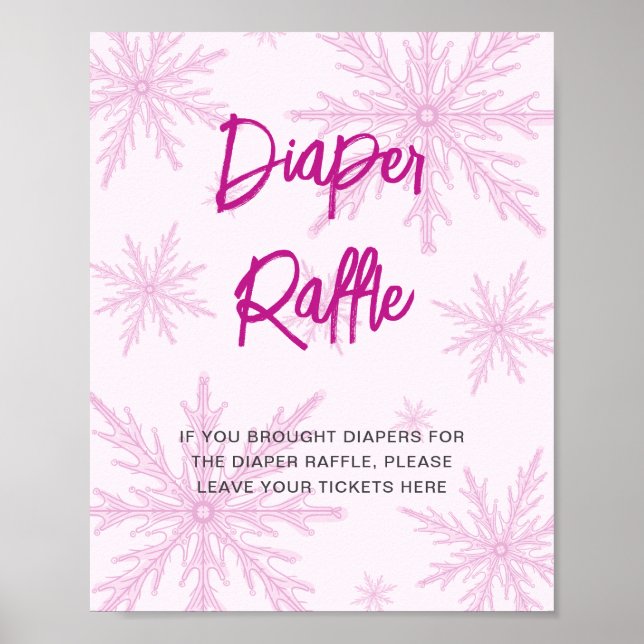 Modern Pink Snowflakes Baby Shower Diaper Raffle Poster (Front)