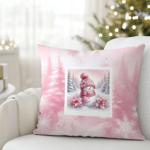 Modern Pink Snowman Christmas Scene Kids Gift Cushion