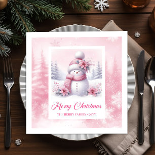 Modern Pink Snowman Kids Winter Forest Pinkmas Napkin