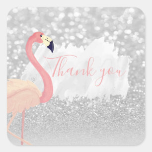 Modern Pink Sparkly Flamingo, Thank You Square Sticker