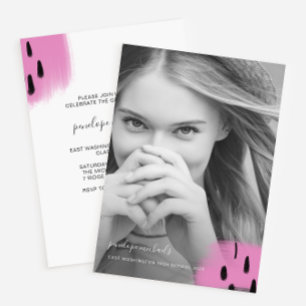 Modern Pink Splashes One Photo Graduation Party In Invitation