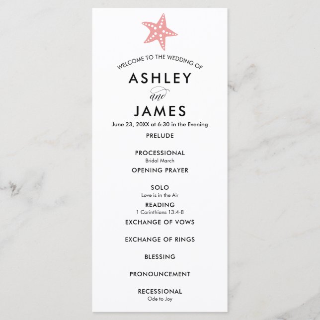 Modern Pink Starfish Wedding Program for Ceremony (Front)
