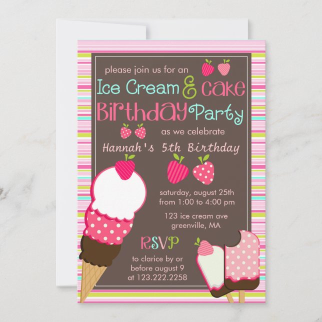 Modern Pink Strawberries & Ice Cream Girls Party Invitation (Front)