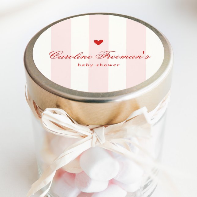 Modern Pink Stripe Heart Valentine Baby Shower Classic Round Sticker (Creator Uploaded)