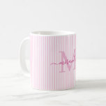 Modern Pink Stripe Monogram Name Coffee Mug<br><div class="desc">Start your morning in style with this personalised pink striped coffee mug, designed to bring timeless charm to every sip. Featuring a soft pink and white striped background, this elegant mug is customised with your monogram initial and full name in a graceful script font—creating a feminine, refined look that feels...</div>