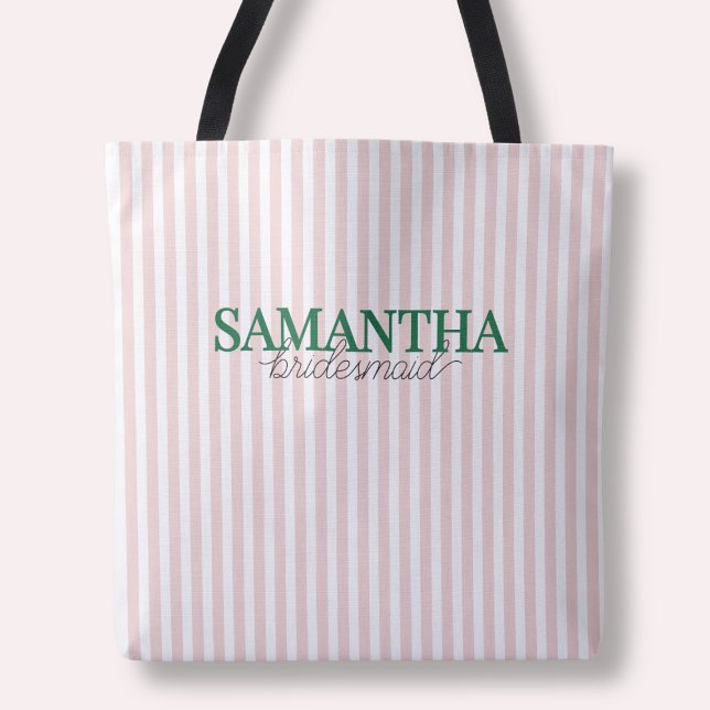Modern Pink Striped Custom Green Bridesmaid Name Tote Bag (Modern Pink Striped Custom Green Bridesmaid Name Tote Bag)