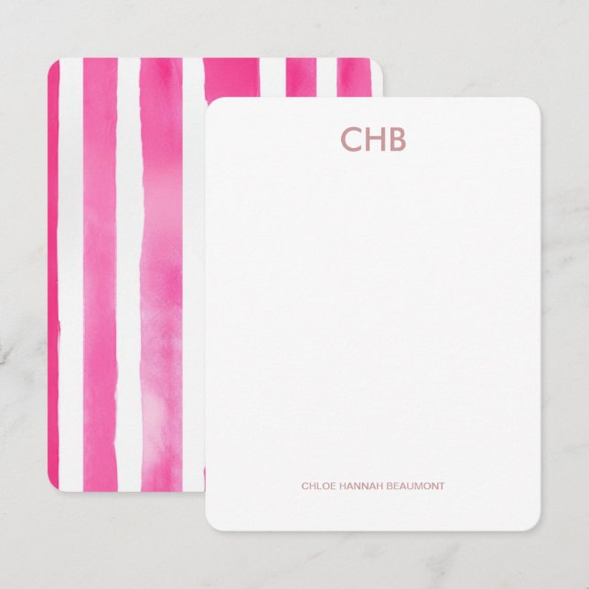 Modern Pink Striped Monogrammed Initial & Name Card (Front/Back)
