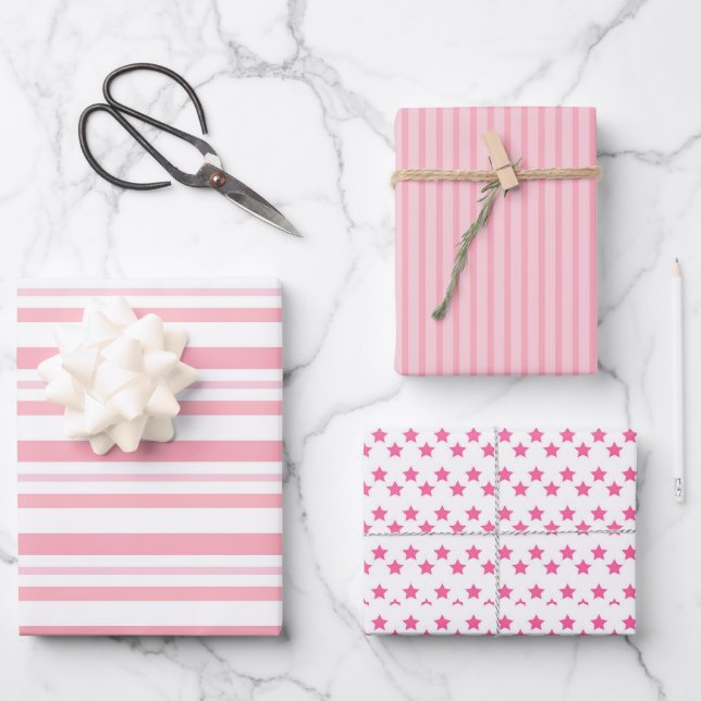 Modern Pink Stripes And Stars Christmas  Wrapping Paper Sheet (Front)