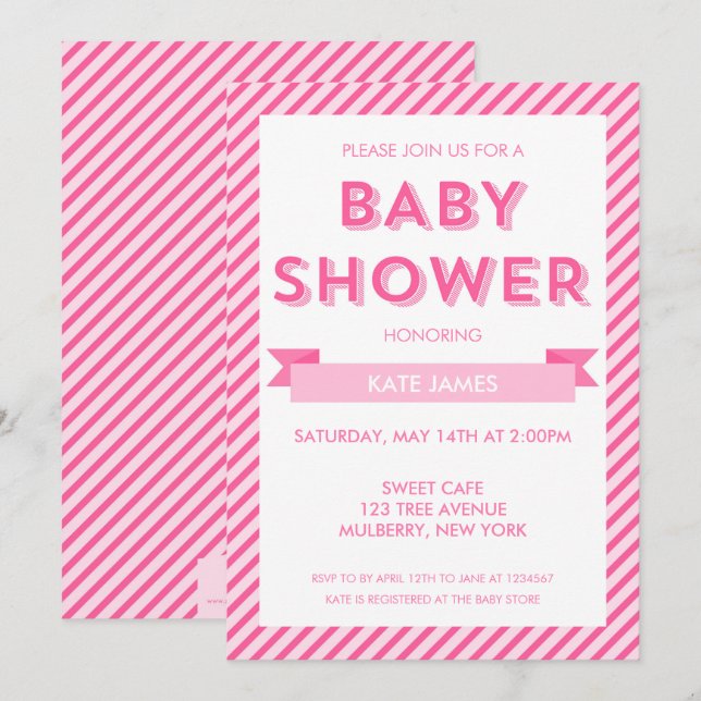 Modern Pink Stripes Baby Shower Invitation (Front/Back)