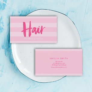 Modern Pink Stripes Brush Script Hair Salon Business Card