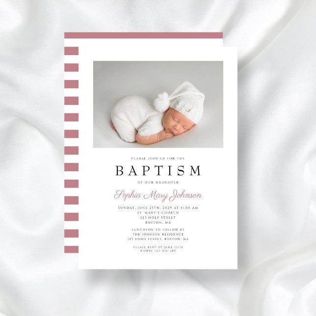 Modern Pink Stripes Elegant Girl Baptism Photo  Invitation (Modern Pink Stripes Elegant Girl Baptism Photo Invitation)