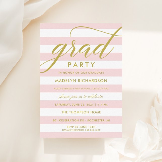 Modern Pink Stripes Gold Custom Grad Party Invitation (Creator Uploaded)