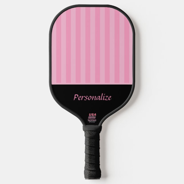 Modern Pink Stripes on Black Name Official USA Pickleball Paddle (Front)