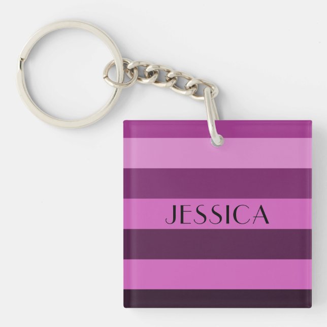 Modern Pink Stripes Pattern Name Key Ring (Front)