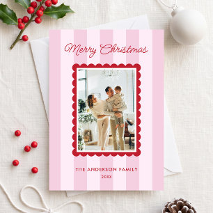 Modern Pink Stripes Photo Christmas Holiday Card