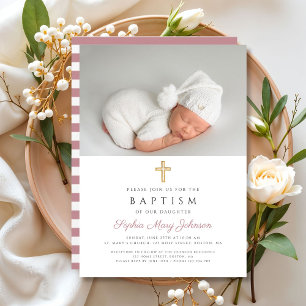 Modern Pink Stripes Religious Cross Photo Baptism Invitation