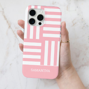Modern Pink Stripes White Custom Name Simple Chic iPhone 15 Pro Max Case