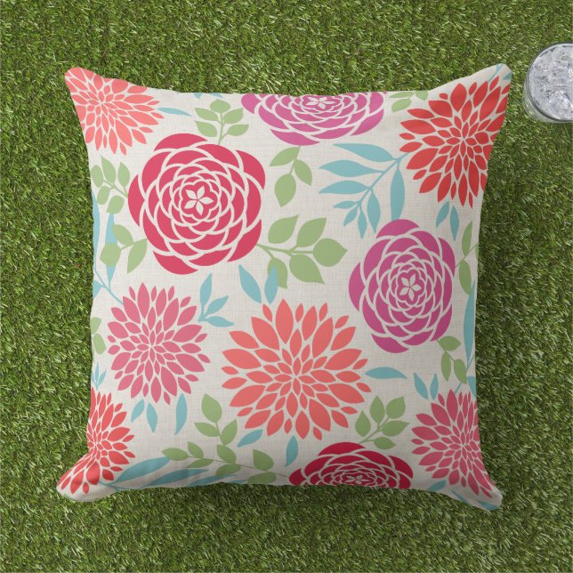 Modern Pink Summer Flowers Pattern Outdoor Cushion (Grass)
